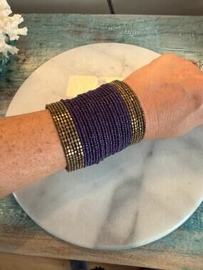 Large beaded adjustable cuff bracelet purple gold 3”